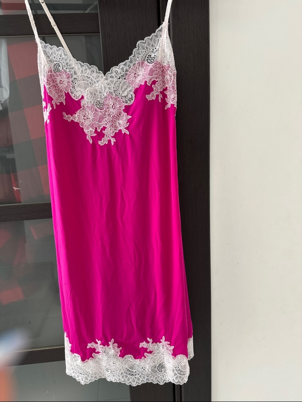 Natori Fuchsia Slip with White Lace Trim